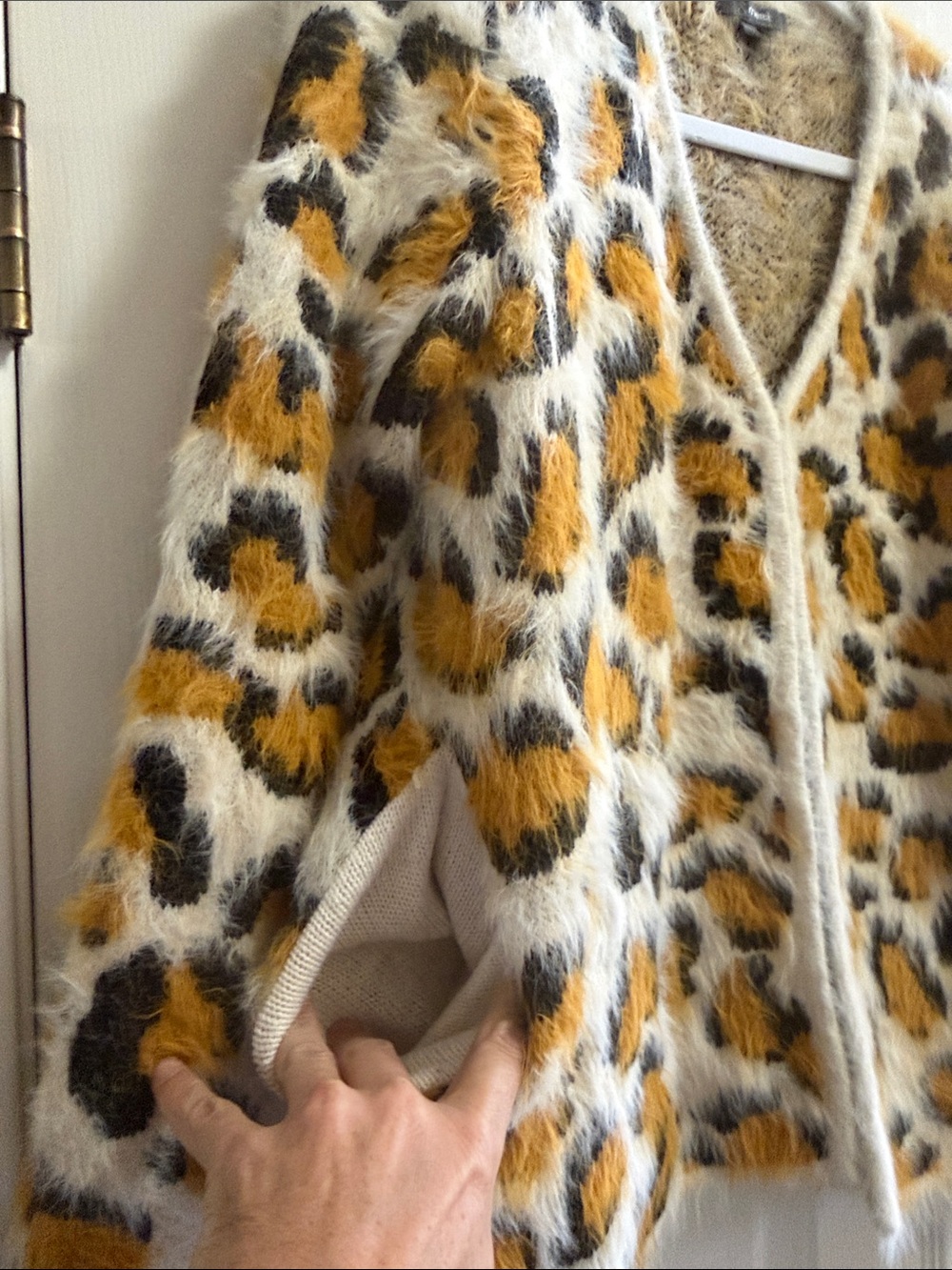 Fuzzy Leopard Print Cardigan - White, Mustard & Black - Picture 3 of 5